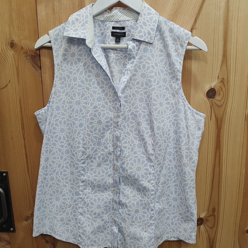 Talbots Wrinkle Resistant Sleeveless Collared Button Up Blouse White Blue Sz 12